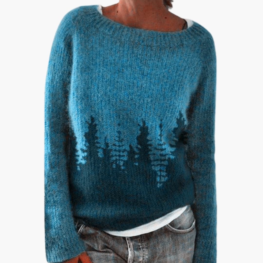 Suéter de punto para mujer con cuello redondo y motivo de bosque
