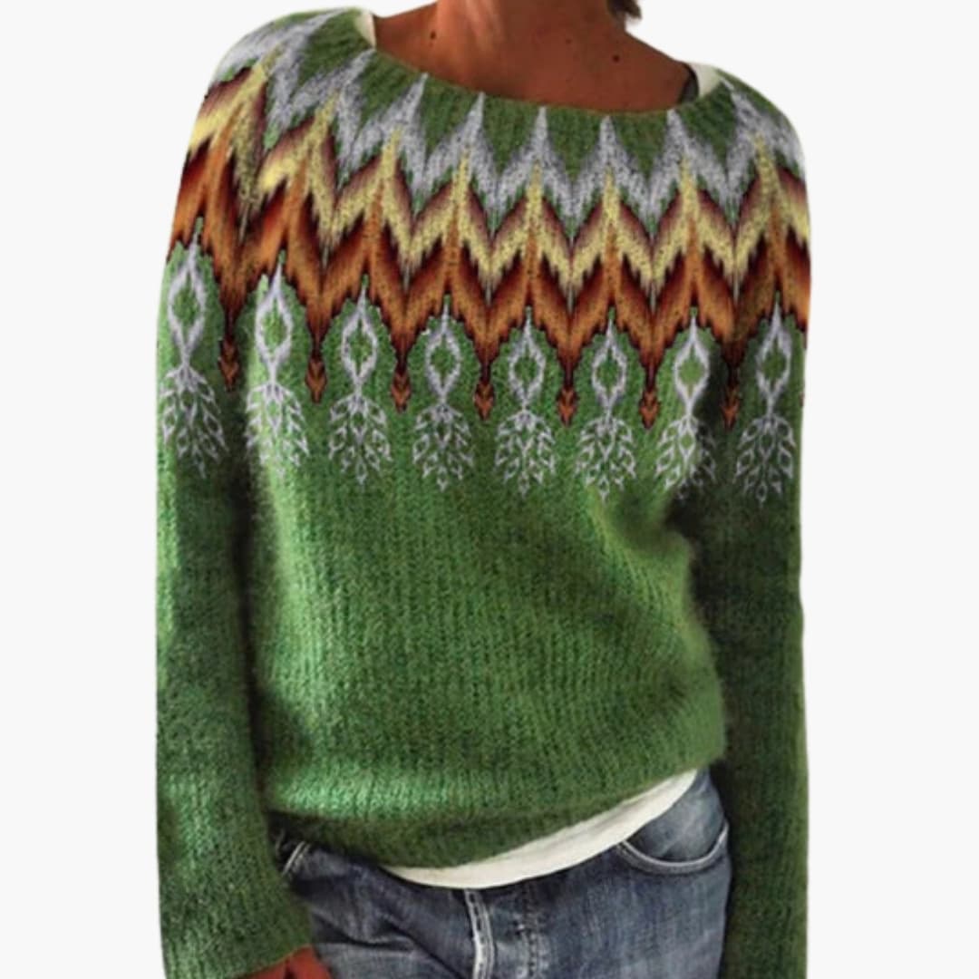 Suéter de punto para mujer con cuello redondo y motivo de bosque