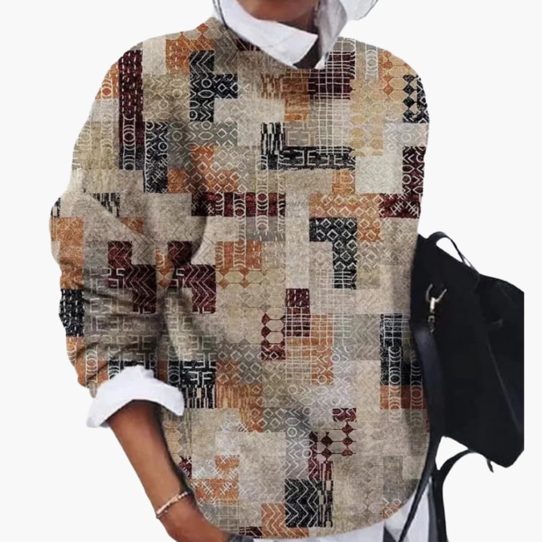 Pull en maille femme avec col rond et motif géométrique