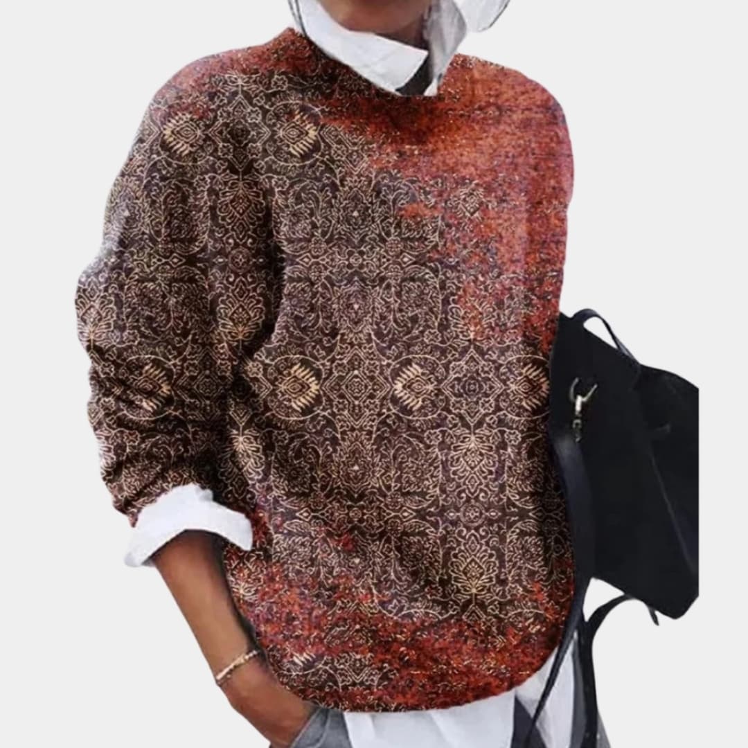 Pull en maille femme avec col rond et motif géométrique