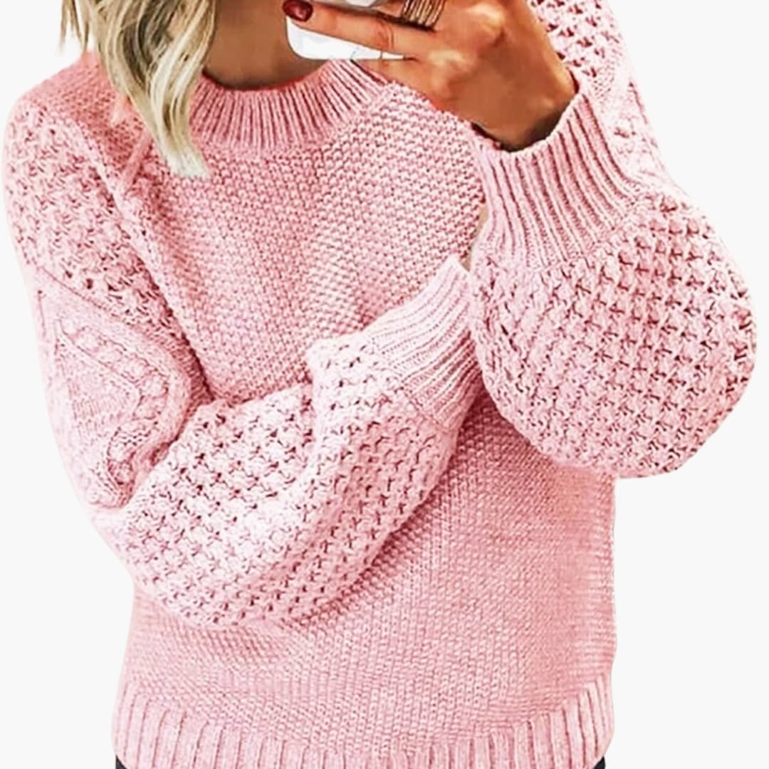 Suéter de punto para mujer con mangas texturizadas y cuello redondo