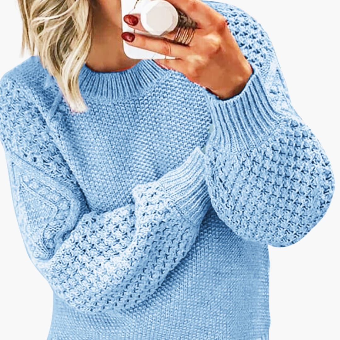 Suéter de punto para mujer con mangas texturizadas y cuello redondo