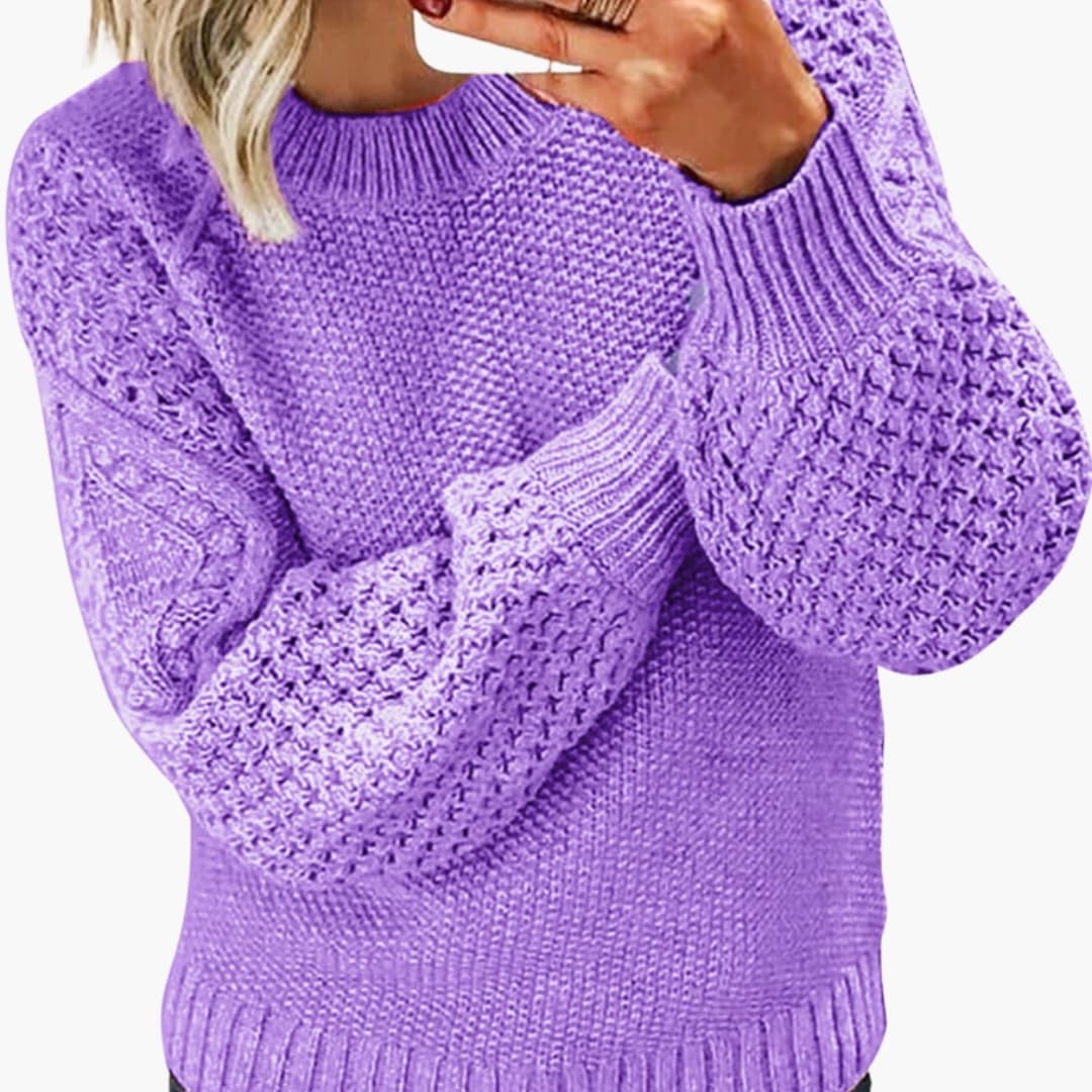 Suéter de punto para mujer con mangas texturizadas y cuello redondo