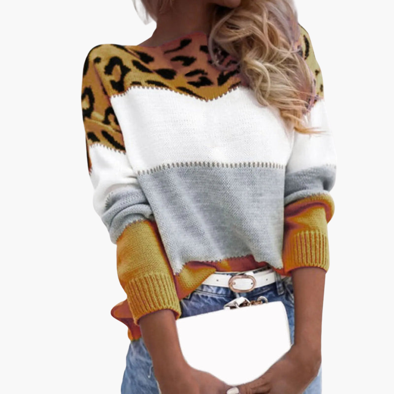 Camisola de malha para mulher com blocos de cor e padrão de leopardo