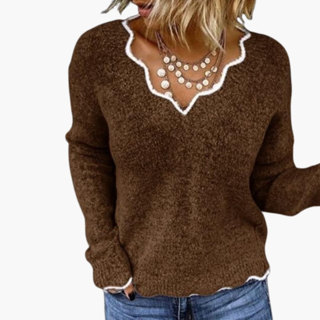 Suéter de punto para mujer con cuello en V ondulado y mangas largas