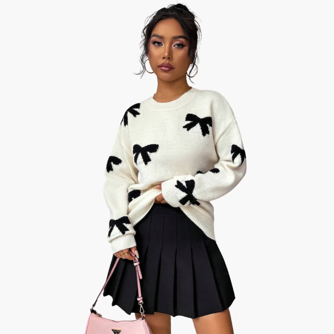 Suéter de punto para mujer con diseño de lazos y cuello redondo