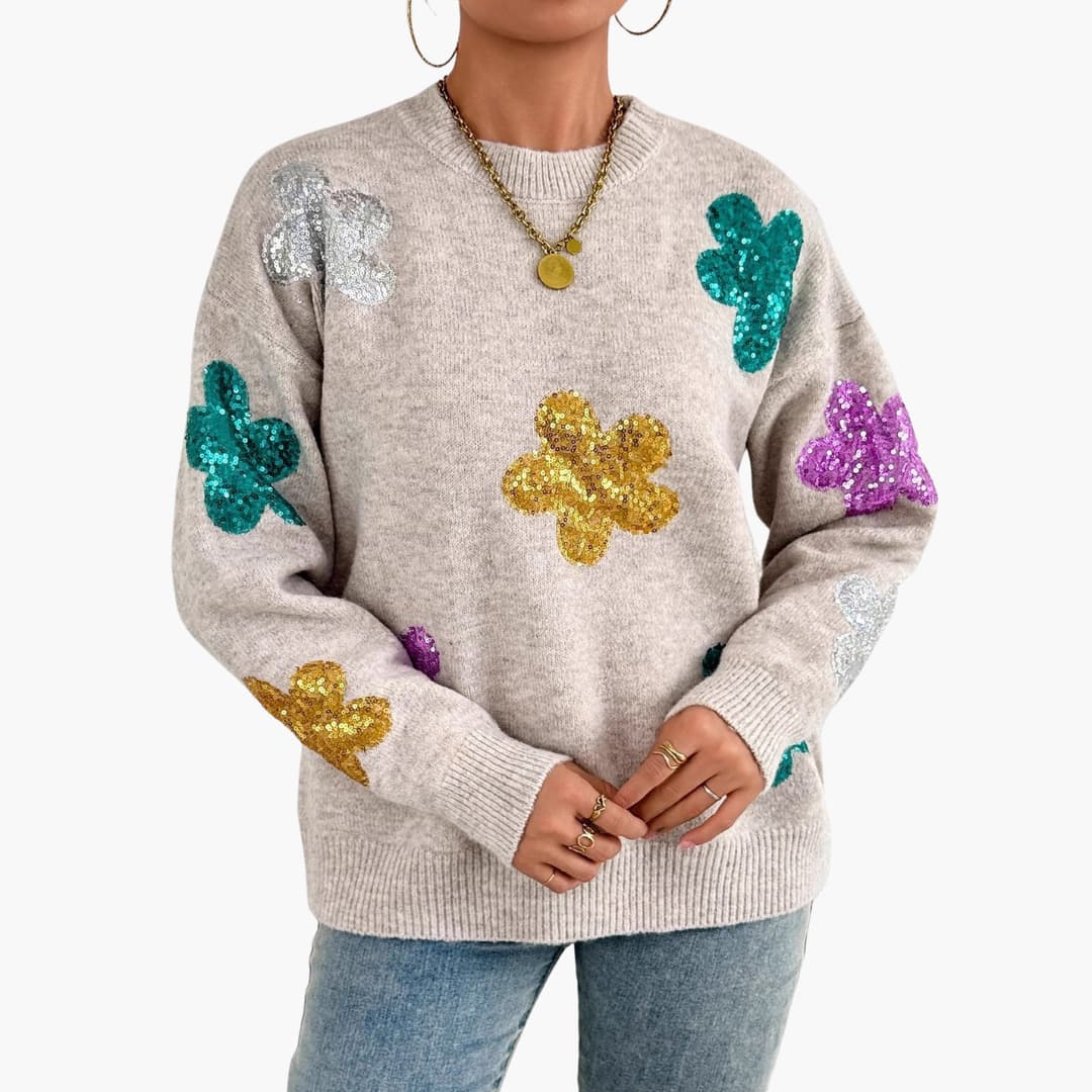 Pull en maille pour femme avec encolure ronde et appliqués floraux