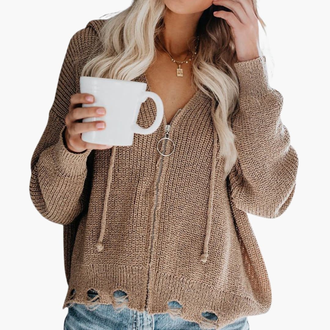 Suéter de punto para mujer con cierre de cremallera y cuello en V