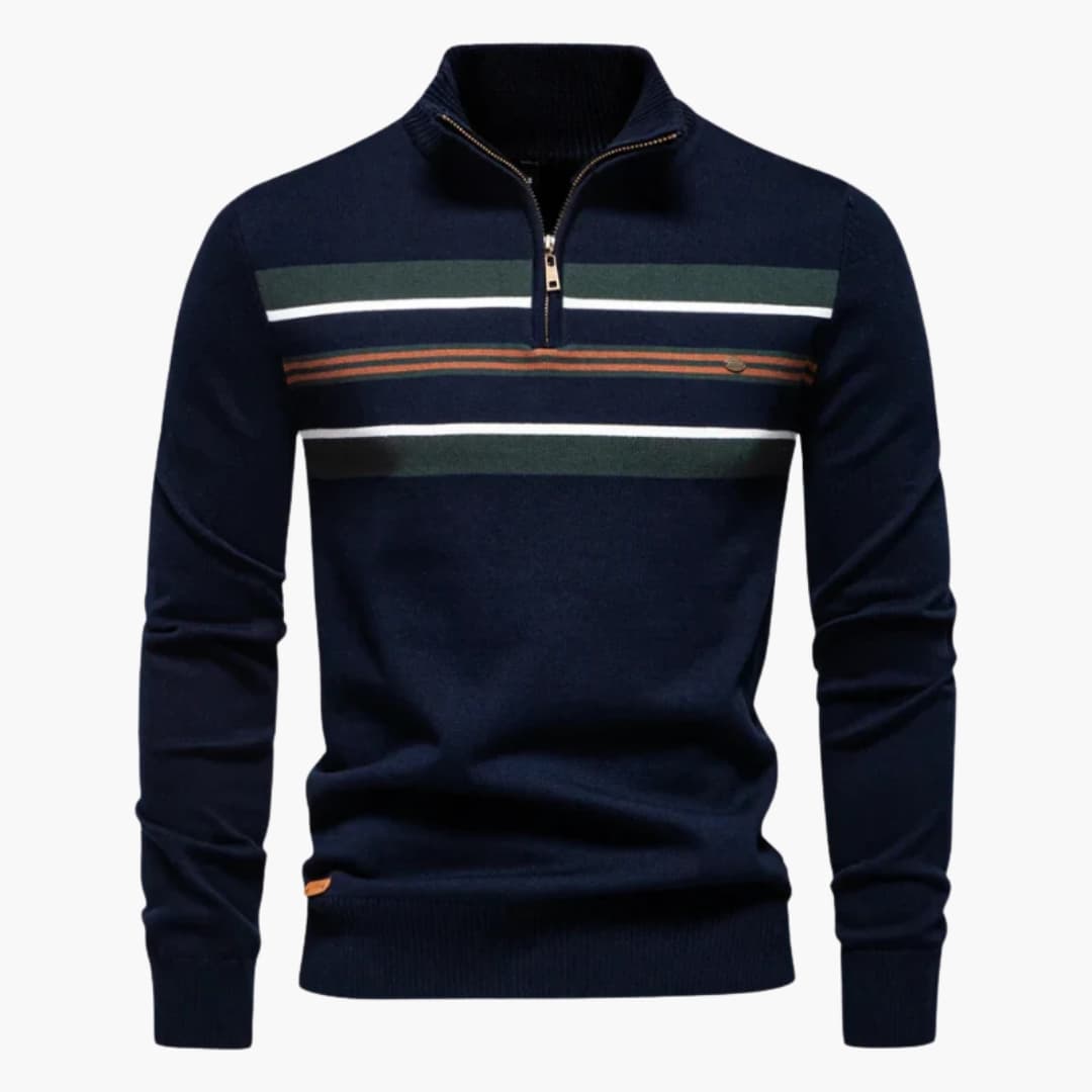 Pull en maille pour homme avec dem zip et motif rayé sur la poitrine
