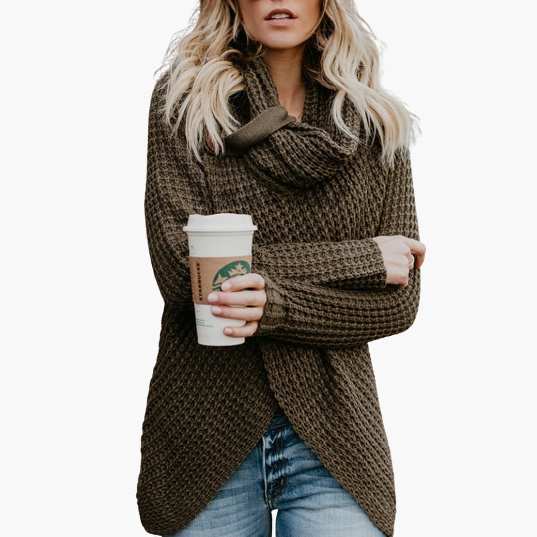 Suéter de punto texturizado para mujer con cuello drapeado y dobladillo asimétrico