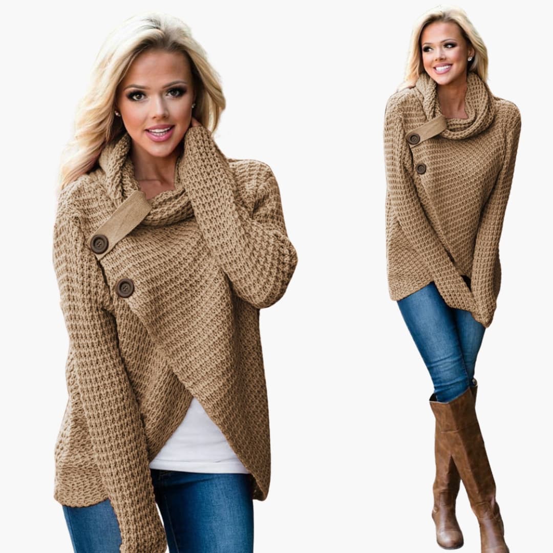 Suéter de punto texturizado para mujer con cuello drapeado y dobladillo asimétrico