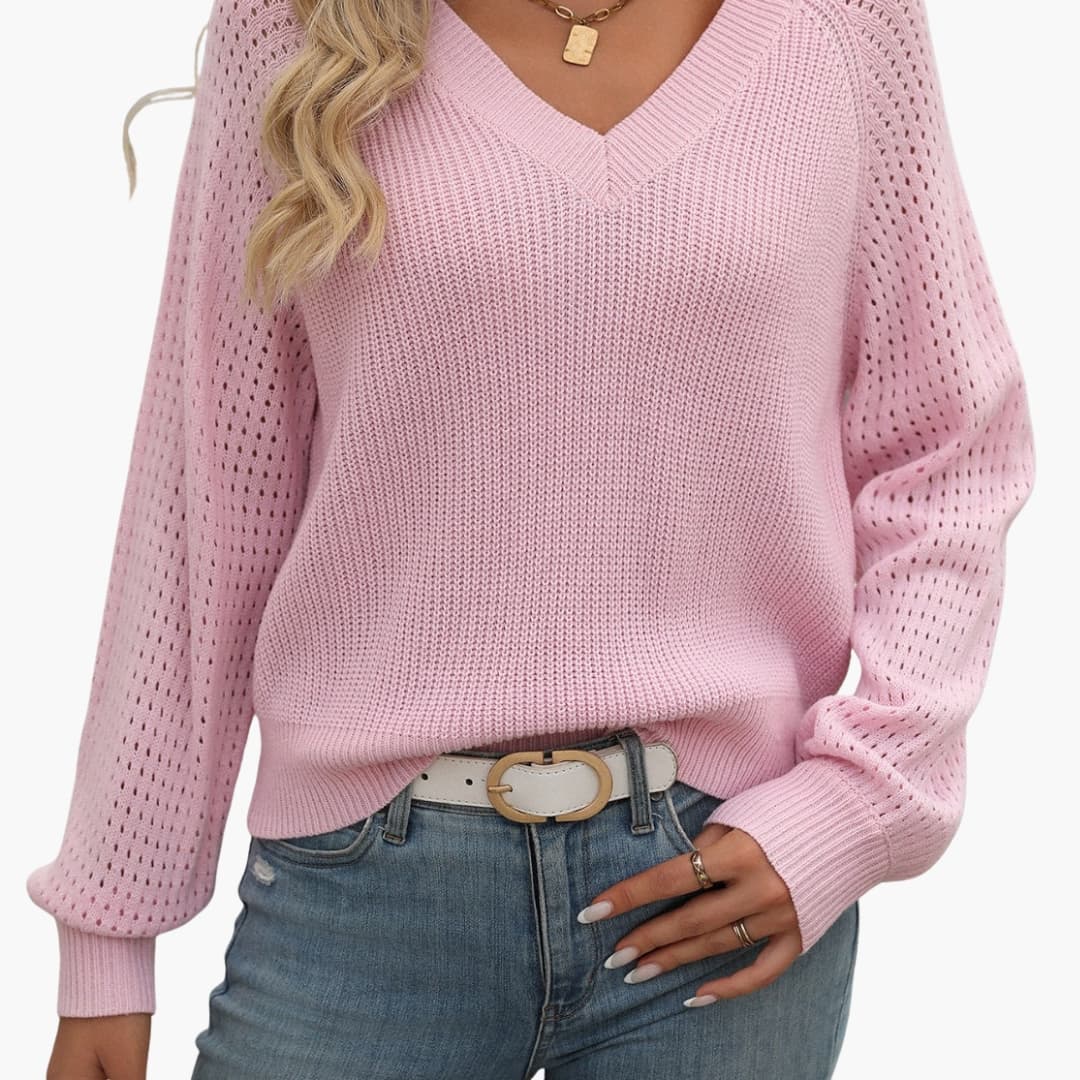 Suéter de mujer con cuello en V, mangas largas y dobladillo acanalado