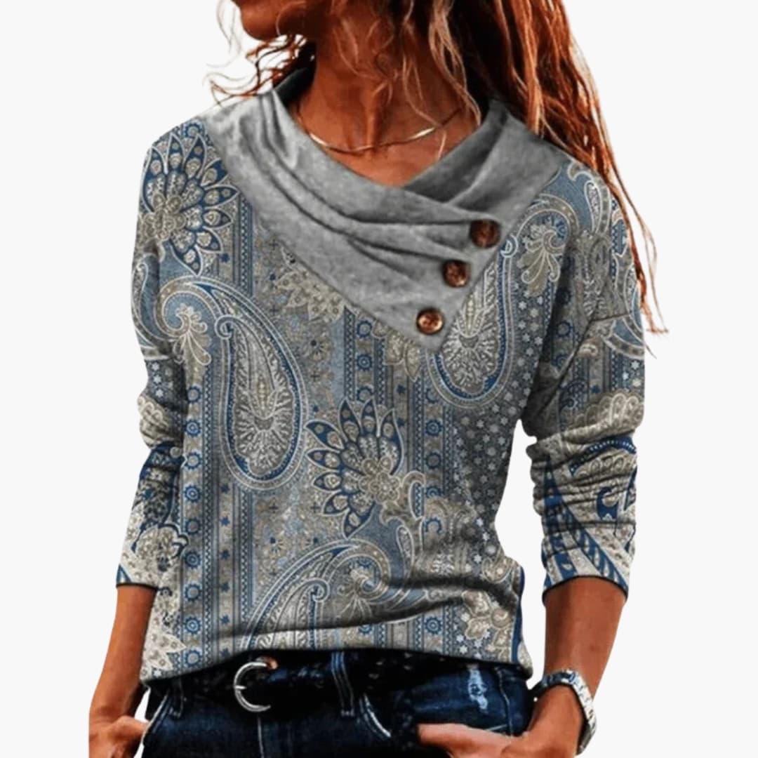 Camisola de mulher com gola drapeada e padrão ornamental