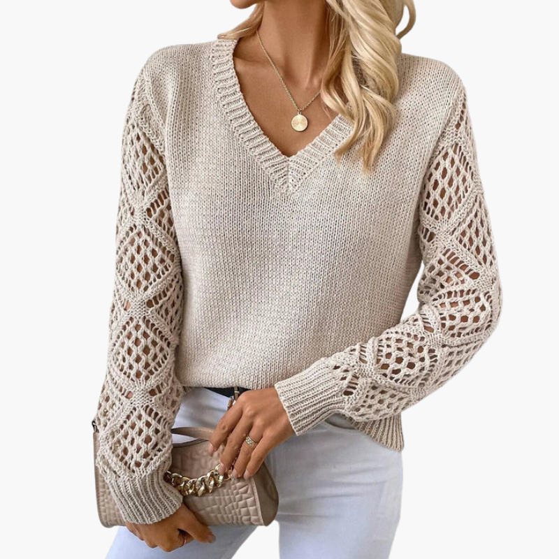Damtröja med V-ringning i stickat med genombrutna ärmar