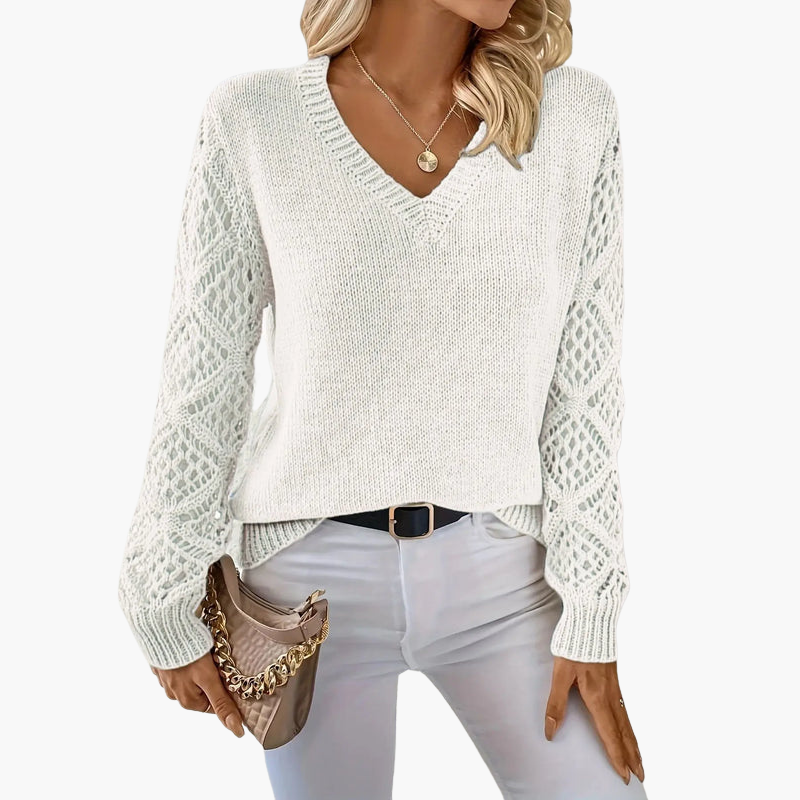 Damtröja med V-ringning i stickat med genombrutna ärmar