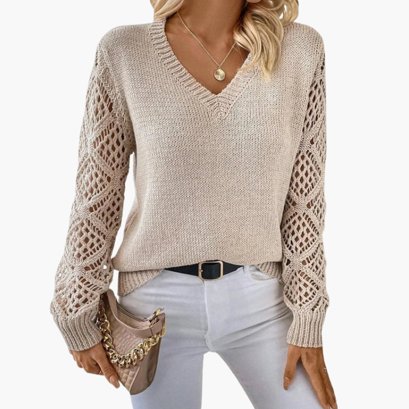 Damtröja med V-ringning i stickat med genombrutna ärmar