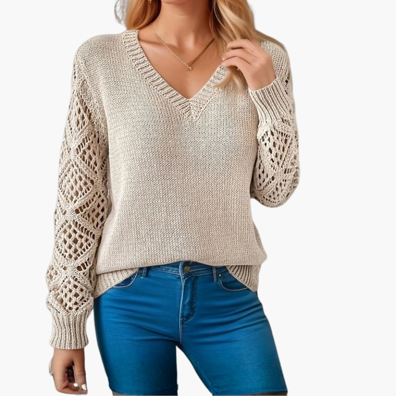Damtröja med V-ringning i stickat med genombrutna ärmar