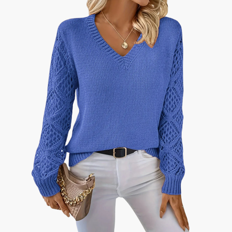 Pull femme à col en V en maille avec manches ajourées