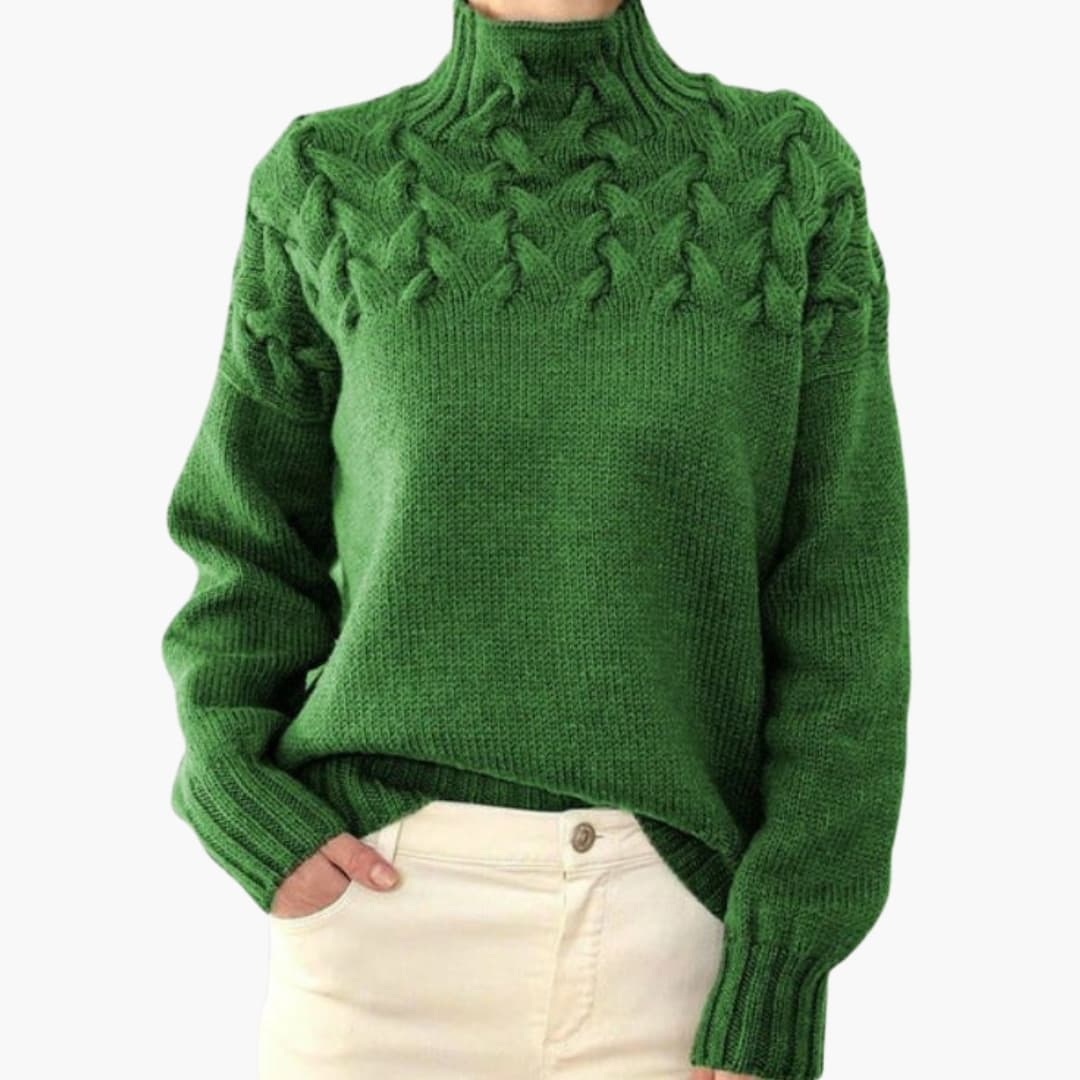 Jersey de mujer con cuello alto y trenzas tejidas