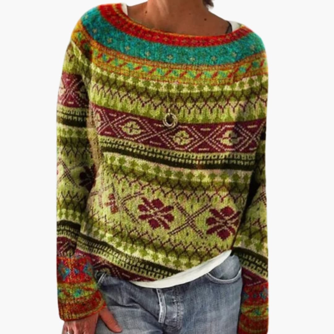 Pull femme à col rond et motif géométrique