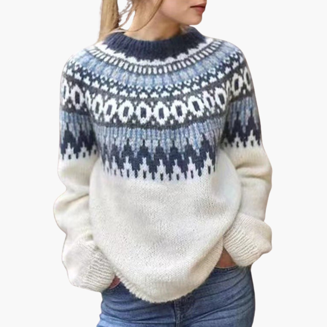 Pull femme à col rond motif jacquard nordique