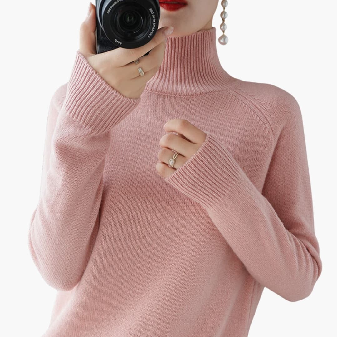 Pull femme à col roulé avec manches longues et ourlet côtelé