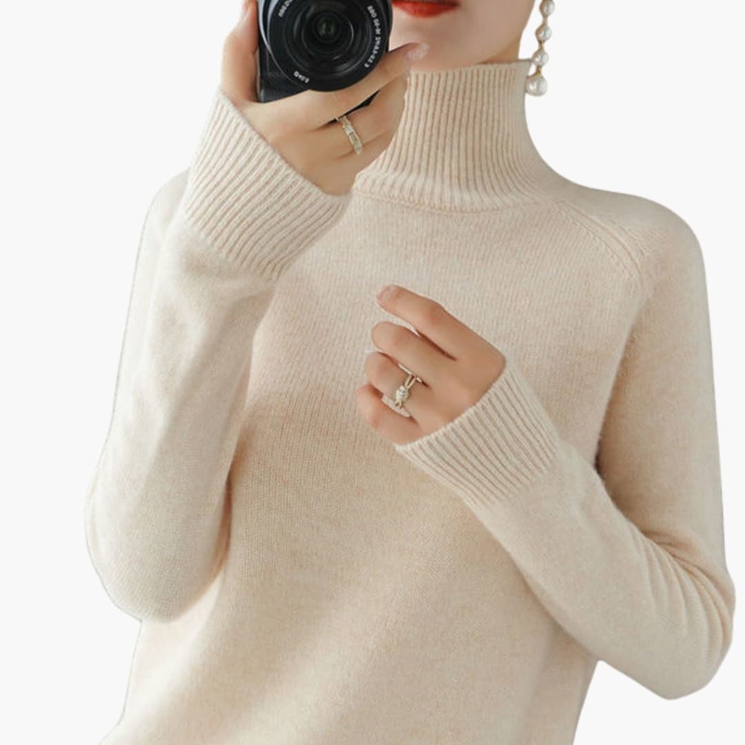 Pull femme à col roulé avec manches longues et ourlet côtelé