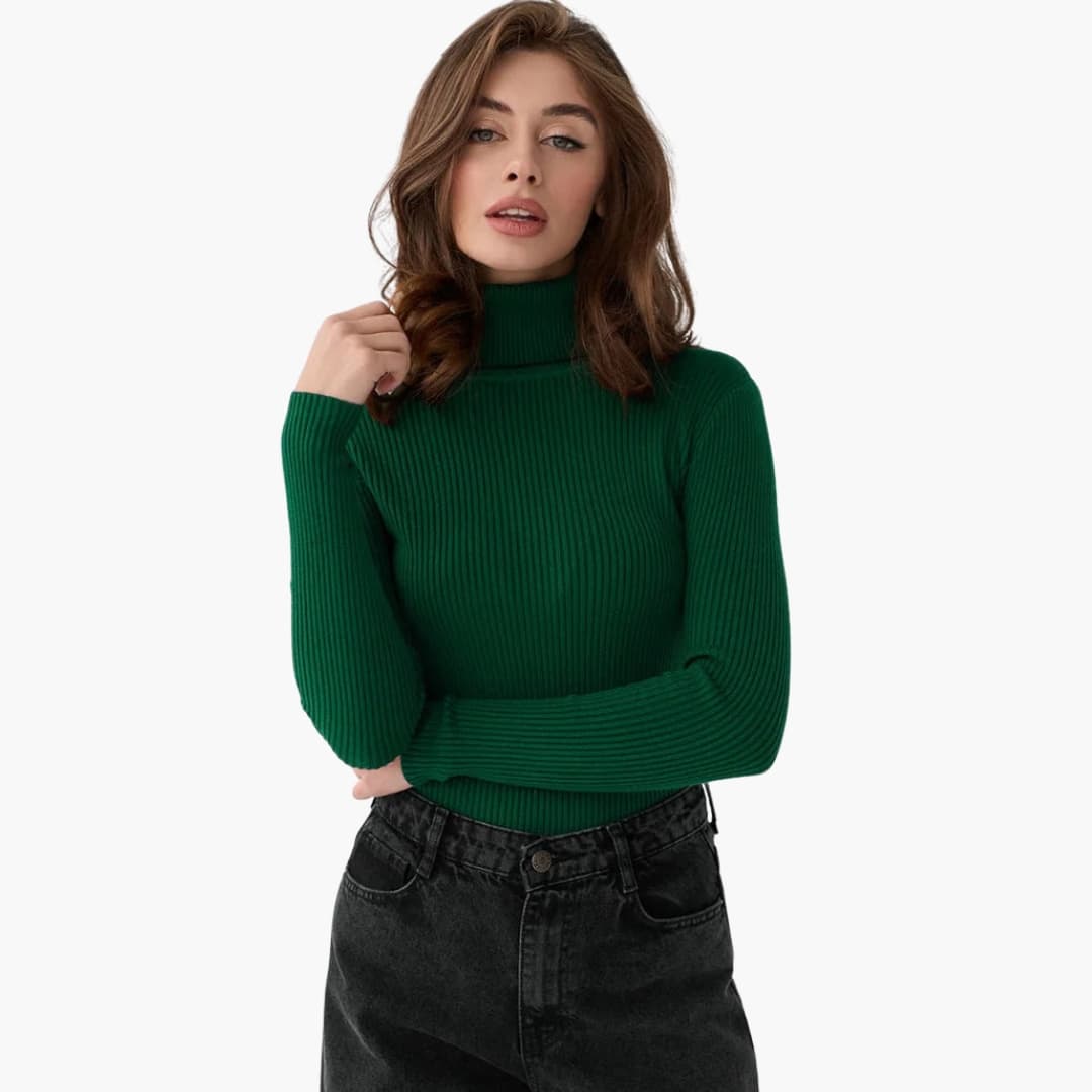 Dames trui met coltrui in aansluitende geribbelde stof