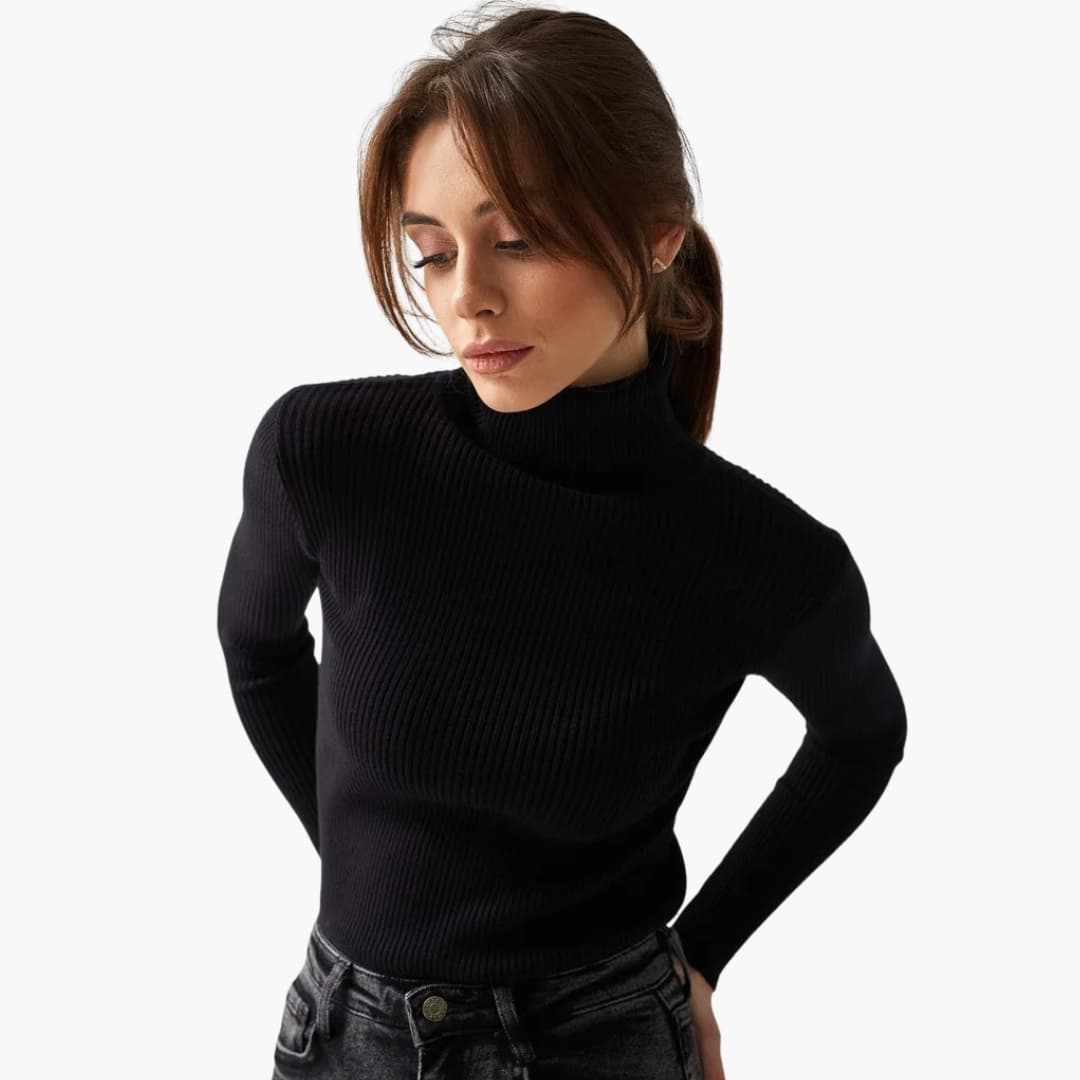 Jersey de mujer con cuello alto de punto acanalado ajustado