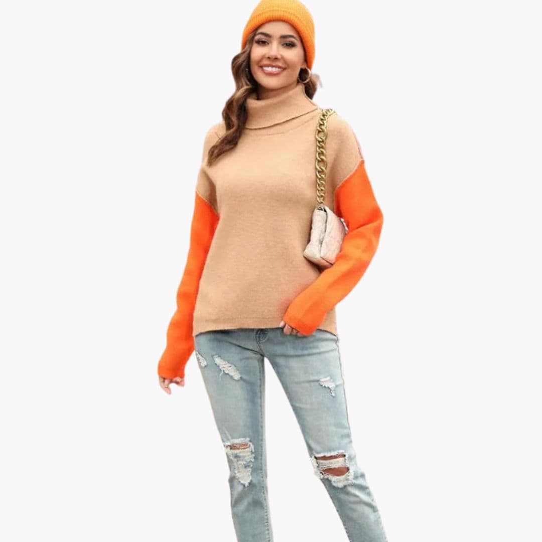 Suéter de mujer con cuello alto y mangas de colores bloqueados