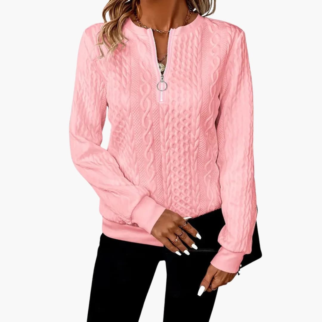 Pull femme à col zippé et maille torsadée