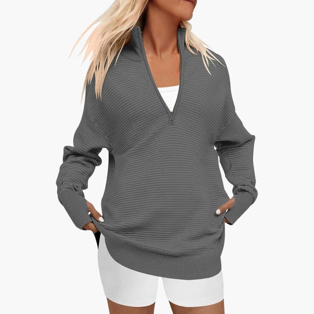 Sudadera femenina holgada con cremallera y cuello alto