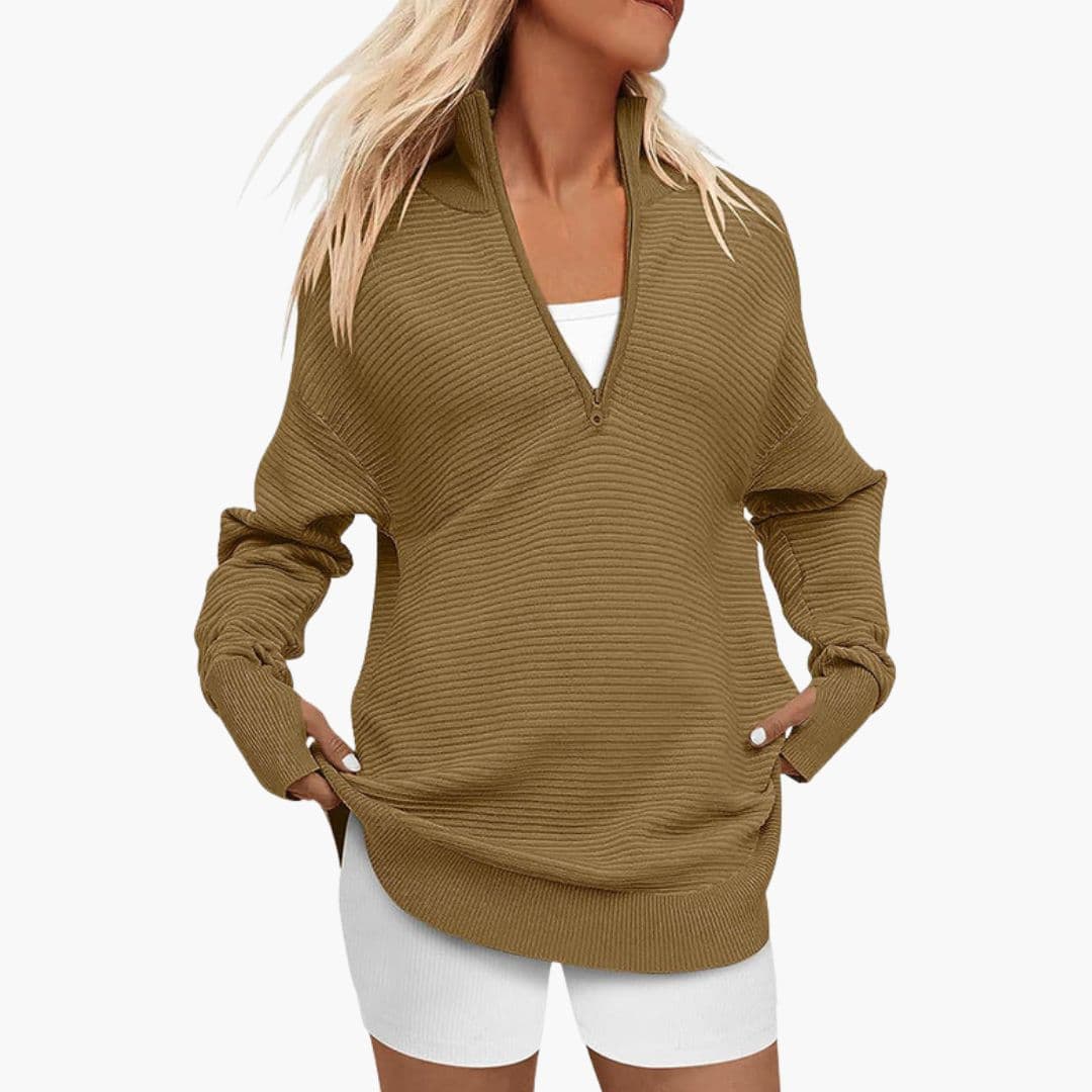 Sudadera femenina holgada con cremallera y cuello alto