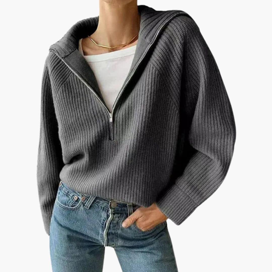 Pull femme avec enfiler demi zip et maille côtelée