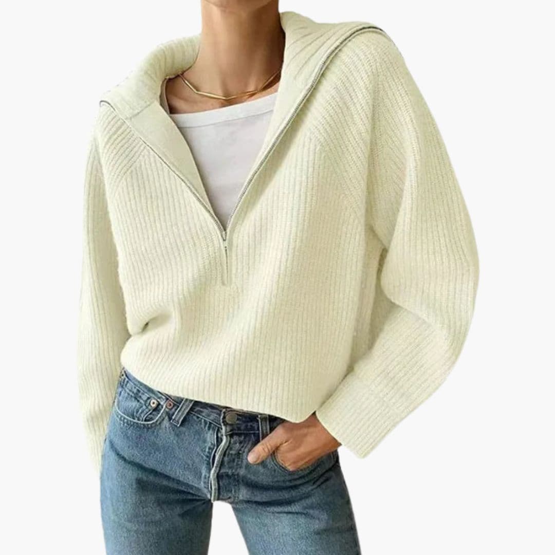 Pull femme avec enfiler demi zip et maille côtelée