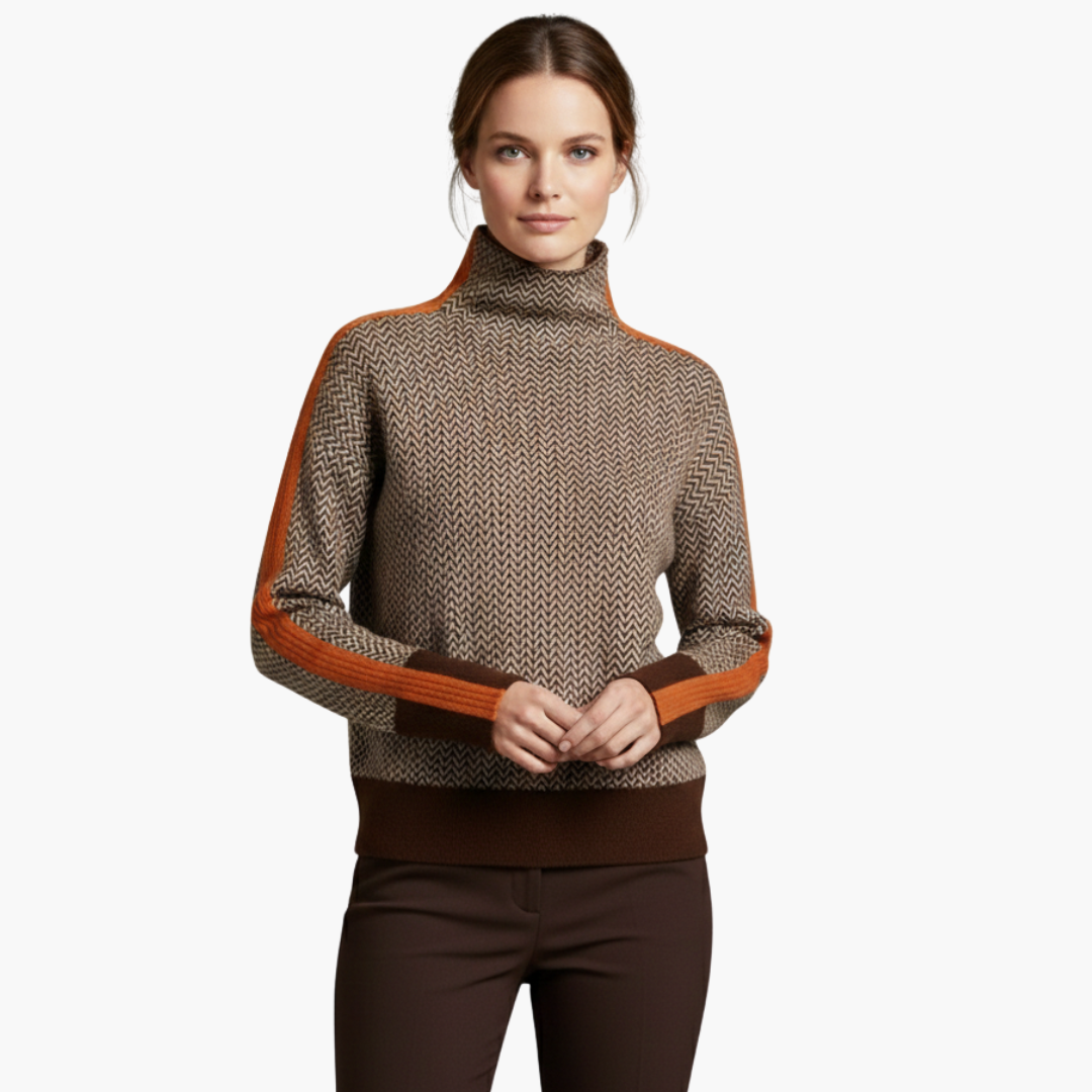 Women's pullover with striped pattern and high collar