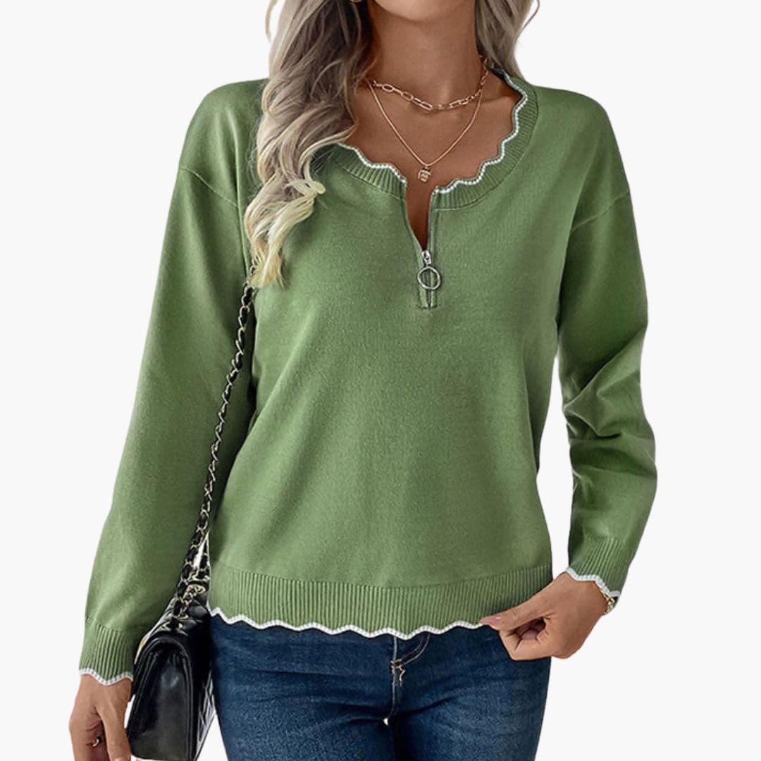 Sudadera para mujer con cremallera decorativa y detalles de volantes