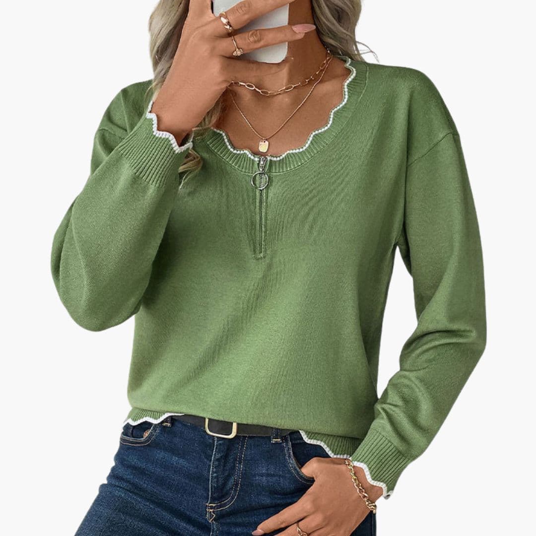 Sudadera para mujer con cremallera decorativa y detalles de volantes