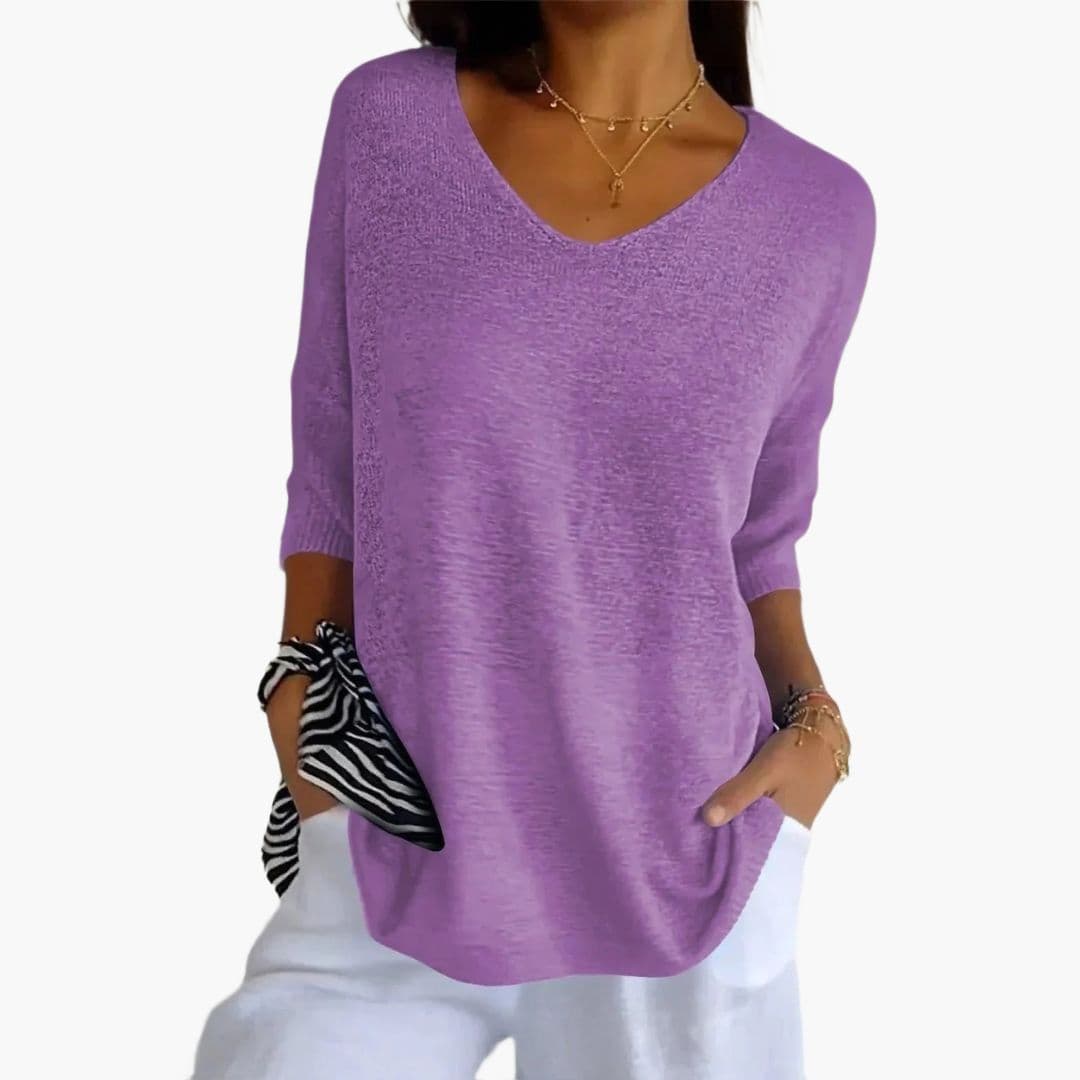 Women's V-neck loose fit top with ribbed cuffs