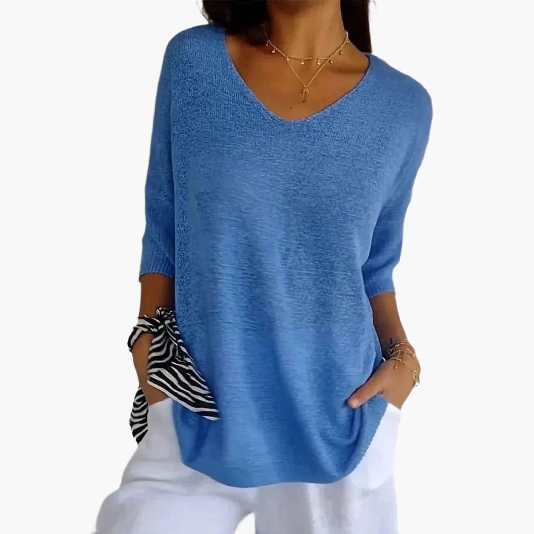 Women's V-neck loose fit top with ribbed cuffs