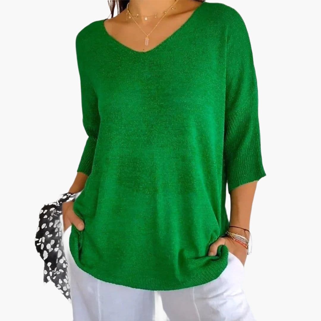 Women's V-neck loose fit top with ribbed cuffs