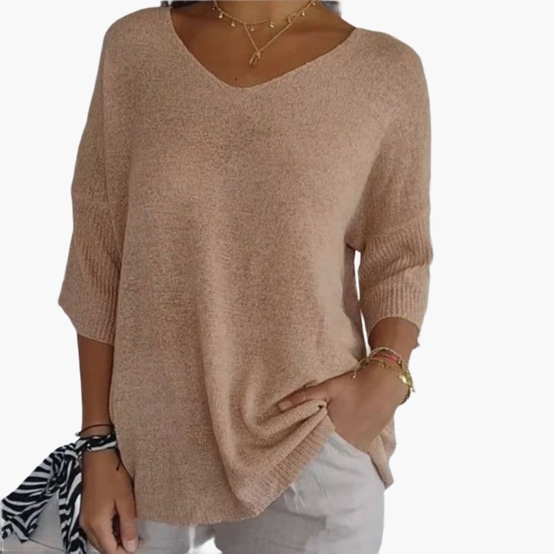 Women's V-neck loose fit top with ribbed cuffs