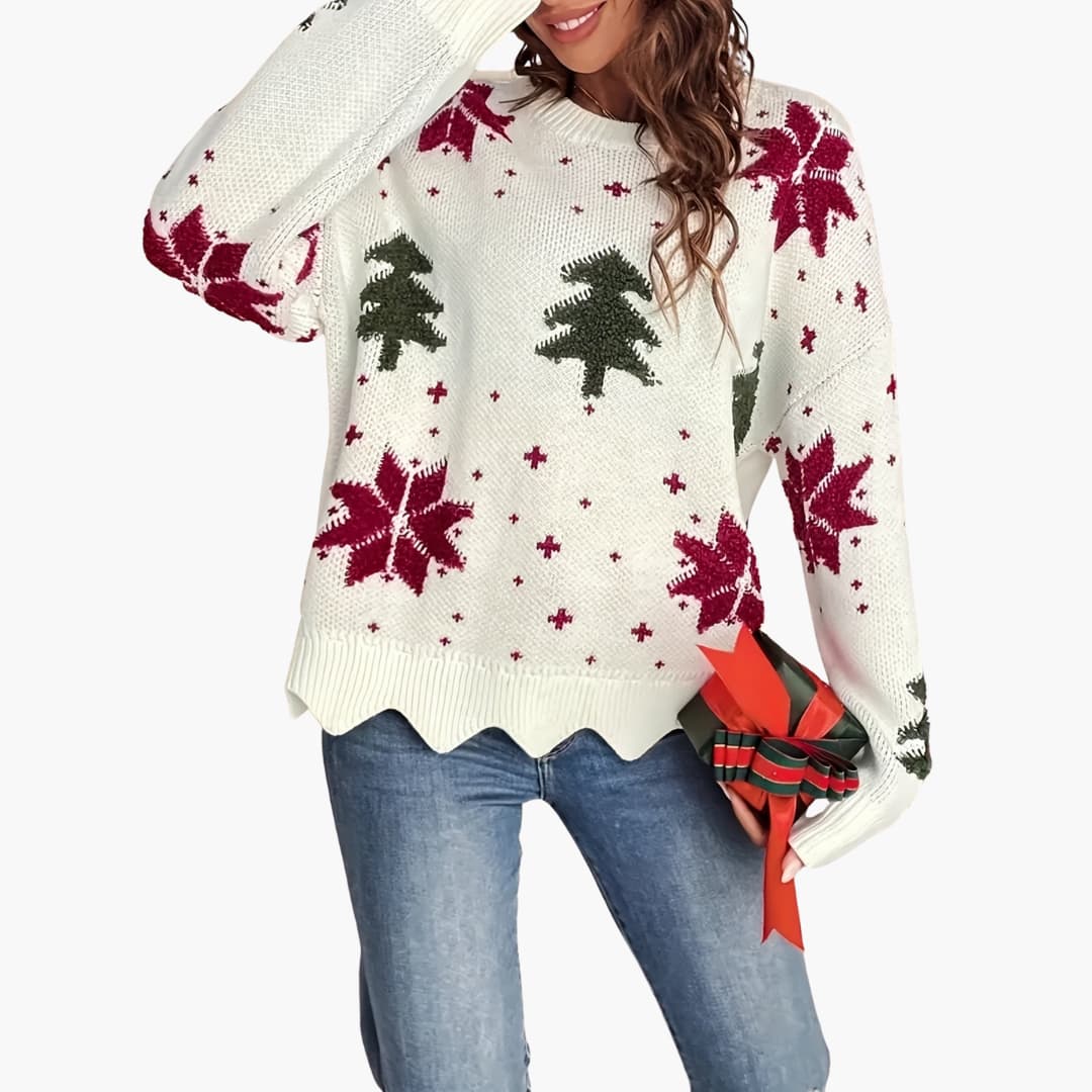 Pull femme col rond avec motif festif tricoté