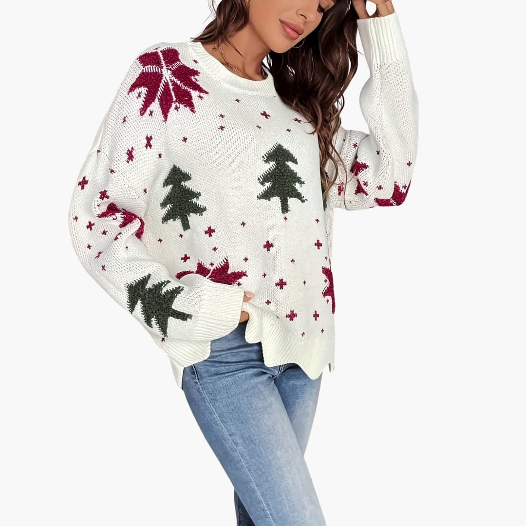 Pull femme col rond avec motif festif tricoté