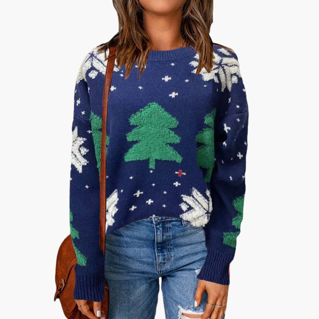 Pull femme col rond avec motifs sapins