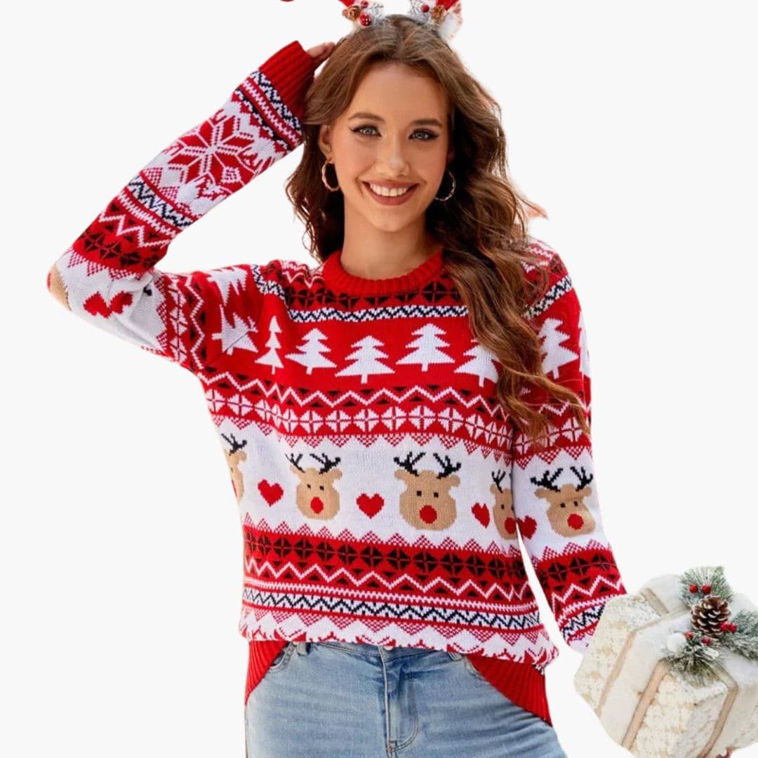 Pull femme col rond en maille polaire avec motif élan