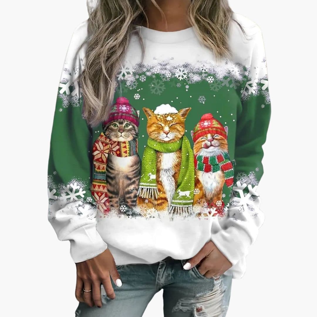 Pull femme col rond motif chat