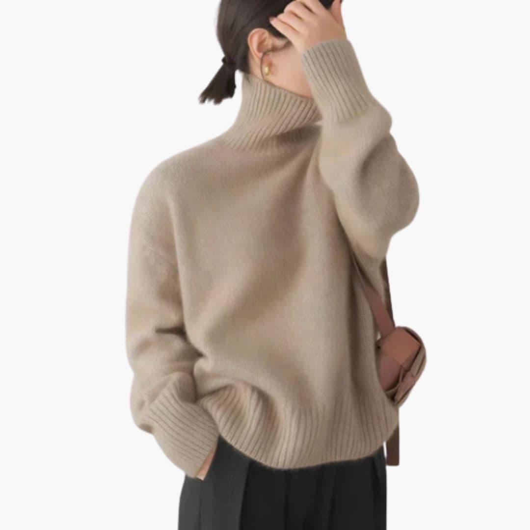 Suéter de mujer con cuello alto acanalado y hombros caídos