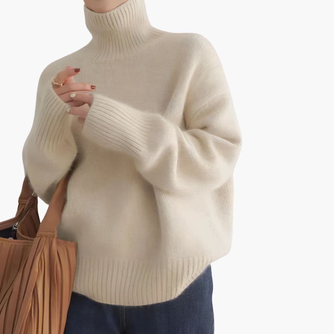 Suéter de mujer con cuello alto acanalado y hombros caídos
