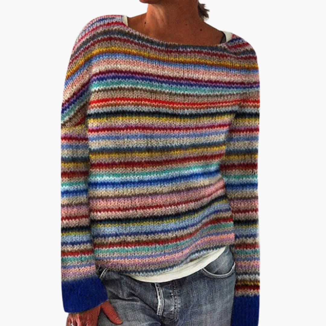 Suéter de mujer de punto con cuello redondo y diseño a rayas